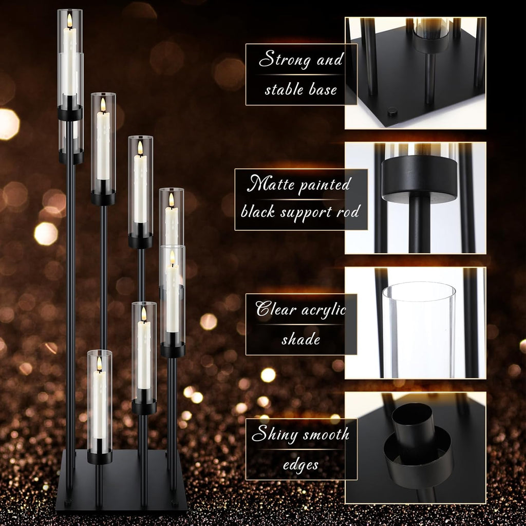 2 Pack Black Floor Candelabra Centerpieces 42.13 Tall 8 Arms Floor Candle Holder with Acrylic Shade Pillar Metal