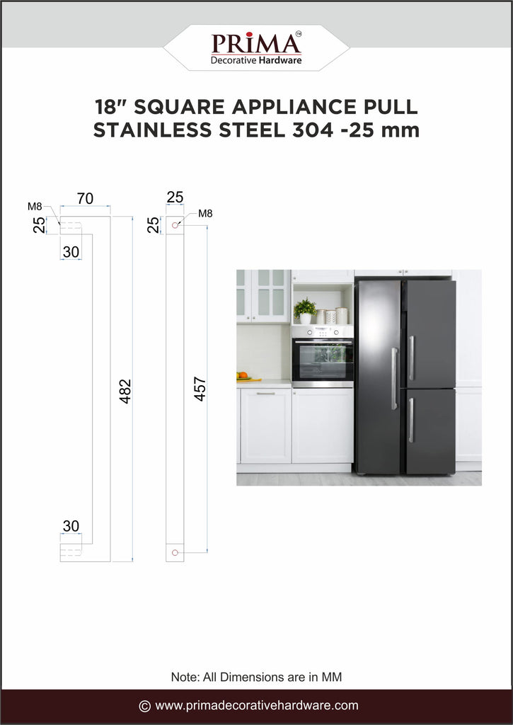 Appliance Pull/Handle - Square 18′′ C/C Stainless Steel Bar 25mmx25mm - Satin Steel