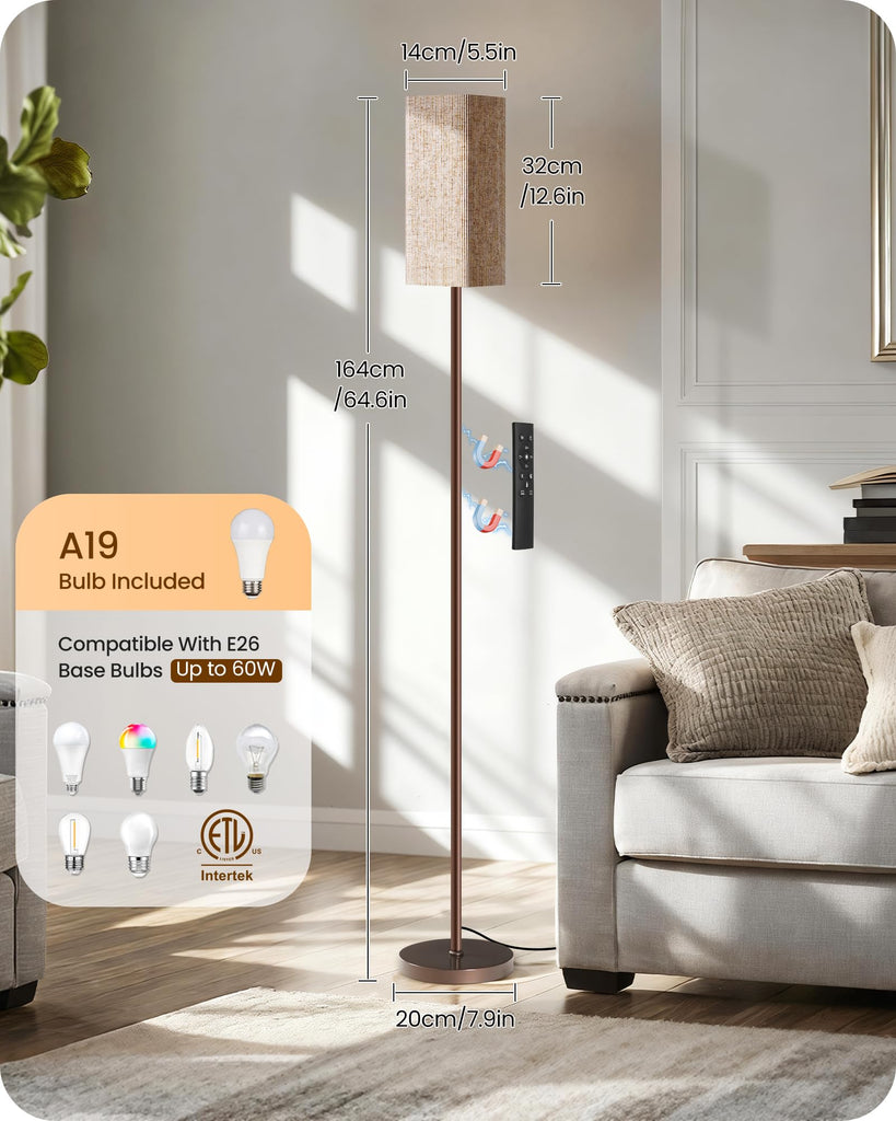 64.2'' Dimmable Floor Lamp with Remote and Foot Switch, Corner Floor Lamp, Includes 10W A19 Bulb, Modern Standing