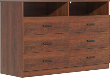 6 Drawers Dresser Wooden Drawer with Open Storage Cubby, Double Wide Dresser Organizer (Walnut Brown)
