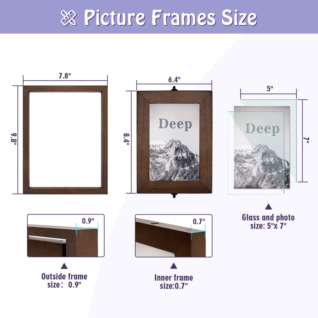 5x7 Picture Frame Rustic Wood Hinged Folding Double Photo Frame, Double Sided Display Rotatable High Definition Glass