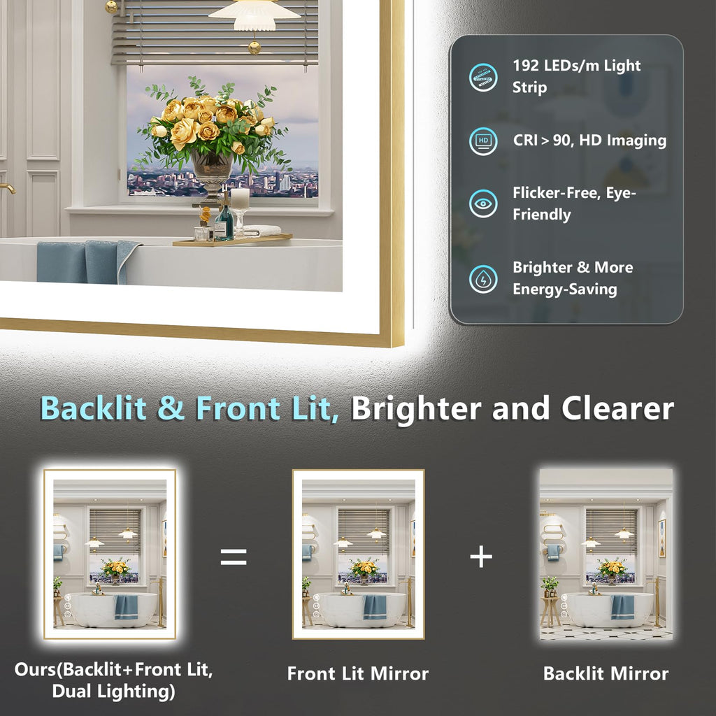 28x32 Gold LED Bathroom Mirror with Lights, Lighted Vanity Mirror