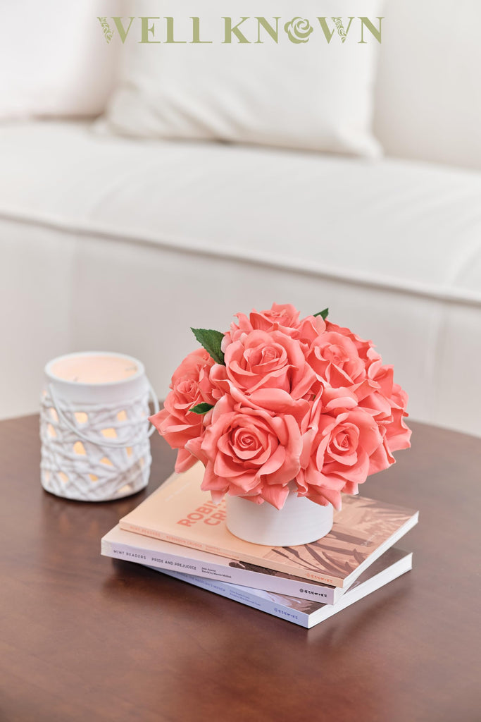Artificial Rose Bouquet in Ceramic Vase, Silk Flower Arrangement in Pot, Real Touch Fake Flowers with White Vase for