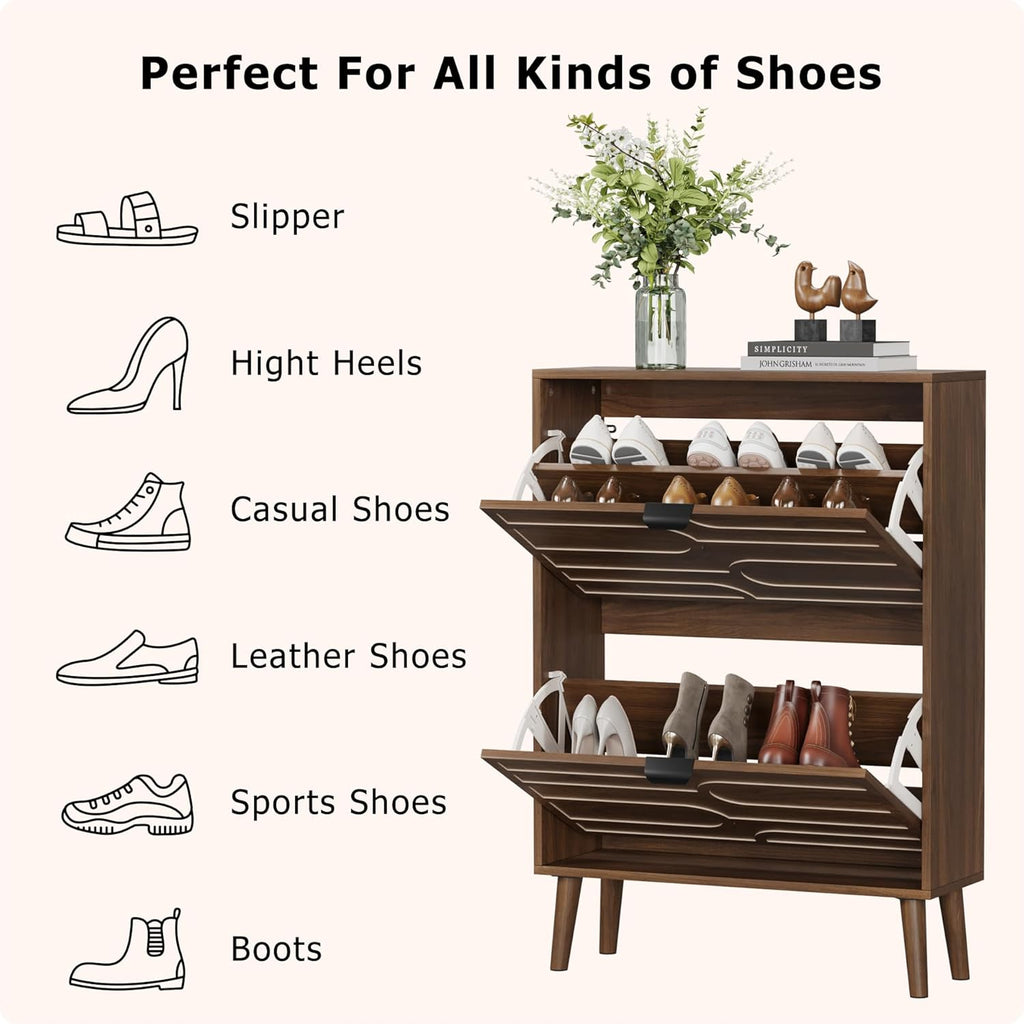 Mid-Century Modern Tilt Out Shoe Cabinet Organizer with Geometric Doors, Slim Entryway Shoe Storage, Walnut