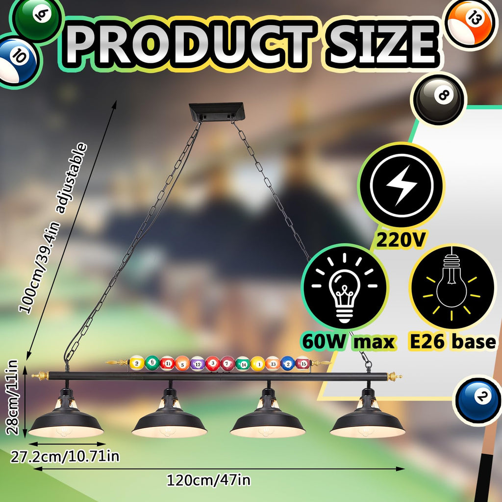 Adjustable Pool Table Lights, 4 Lights for 7'-8' Billiard Table