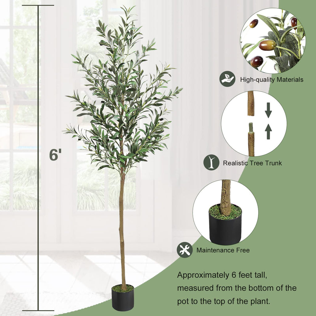 Artifical Tree 6FT Faux Olive Tree Home Decor Fake OliveTree Indoor with Natural Trunk and Lifelike Fruits in a Pot