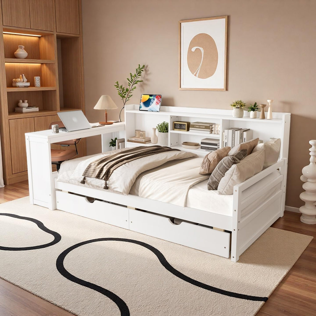 Twin Size Daybed with Desk, Corner Bed with Storage, White | Storage Shelves and Drawers, Charging Station & USB