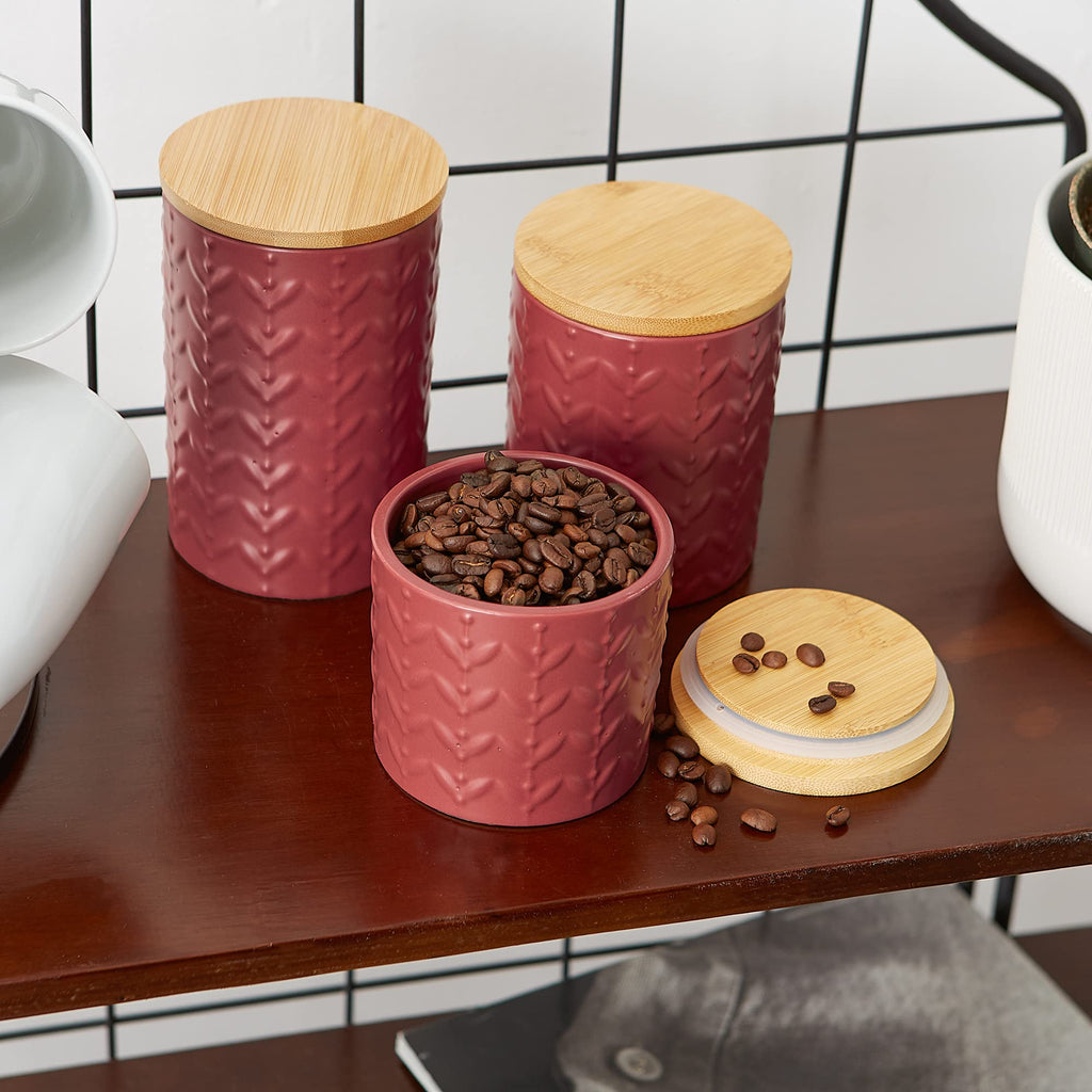 Kitchen Accessories Collection, Textured Matte Ceramic Canister Set, Barn Red, Vine, 3 Piece