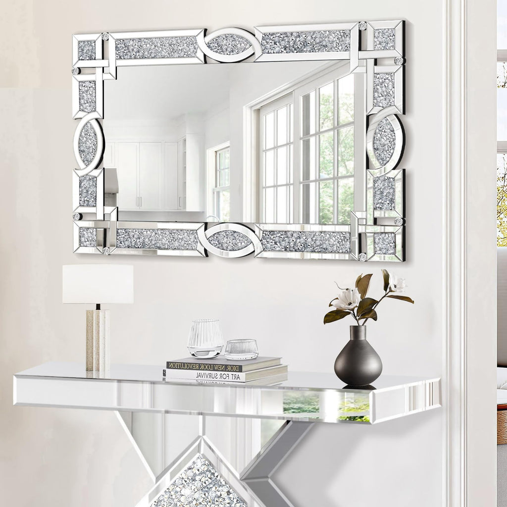 Crushed Diamond Mirrors for Wall Decor, 36''x24'' Rectangle Silver Decorative Bathroom Mirrors, Wall-Mounted Mirrors