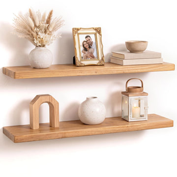 32 Inch Floating Shelf, 8 Inch Deep Rounded Edge Reclaimed Elm Wood Wall Shelf with Hidden Bracket, Modern Wood Shelf
