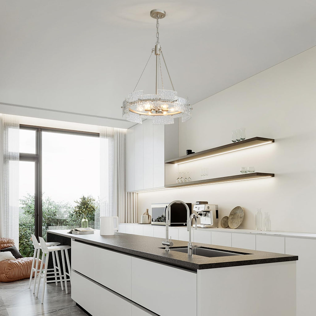Modern Farmhouse Chandelier 6-Light Silver Glass Drum Chandeliers 19.7" Height Adjustable Water Ripple Rustic Pendant