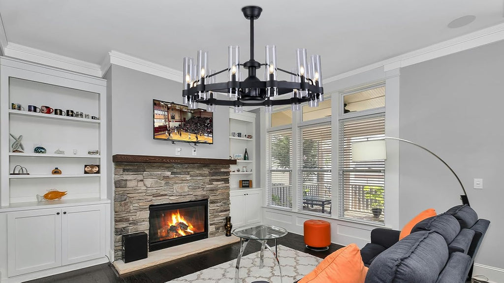 Black Ceiling Fans with 12 Lights Wagon Wheel Chandelier, 38 Inch Modern Farmhouse Fandelier, Quiet 6-Speed Reversible DC Motor, 1/2/4H Remote Timing for Living Room/Bedroom/Kitchen A115-B0F5M79C12