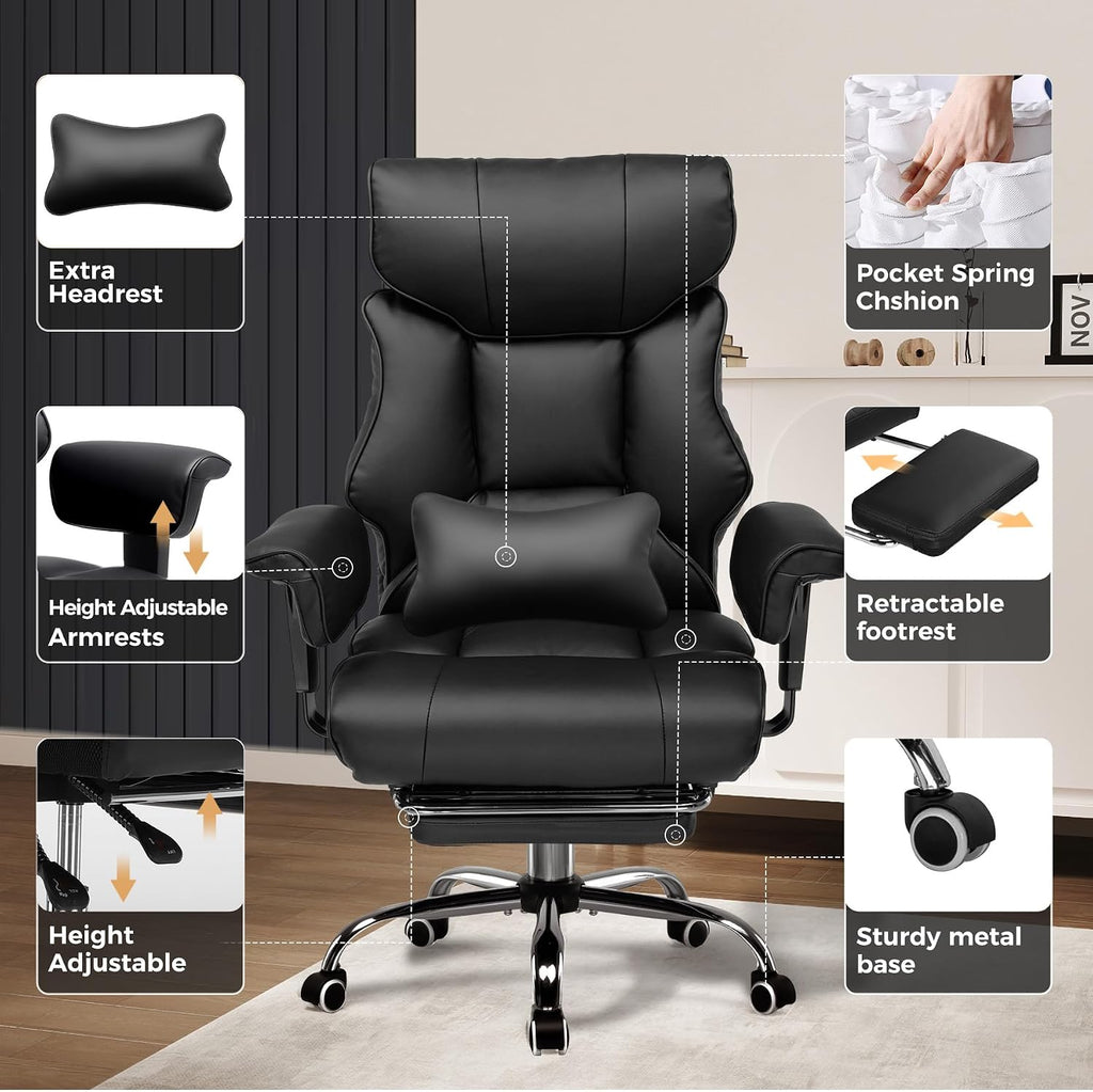 Big and Tall Gaming Chair 400lbs Heavy Duty Office Chair with Foot Rest & Ergonomic Pocket Spring Cushion, High Back