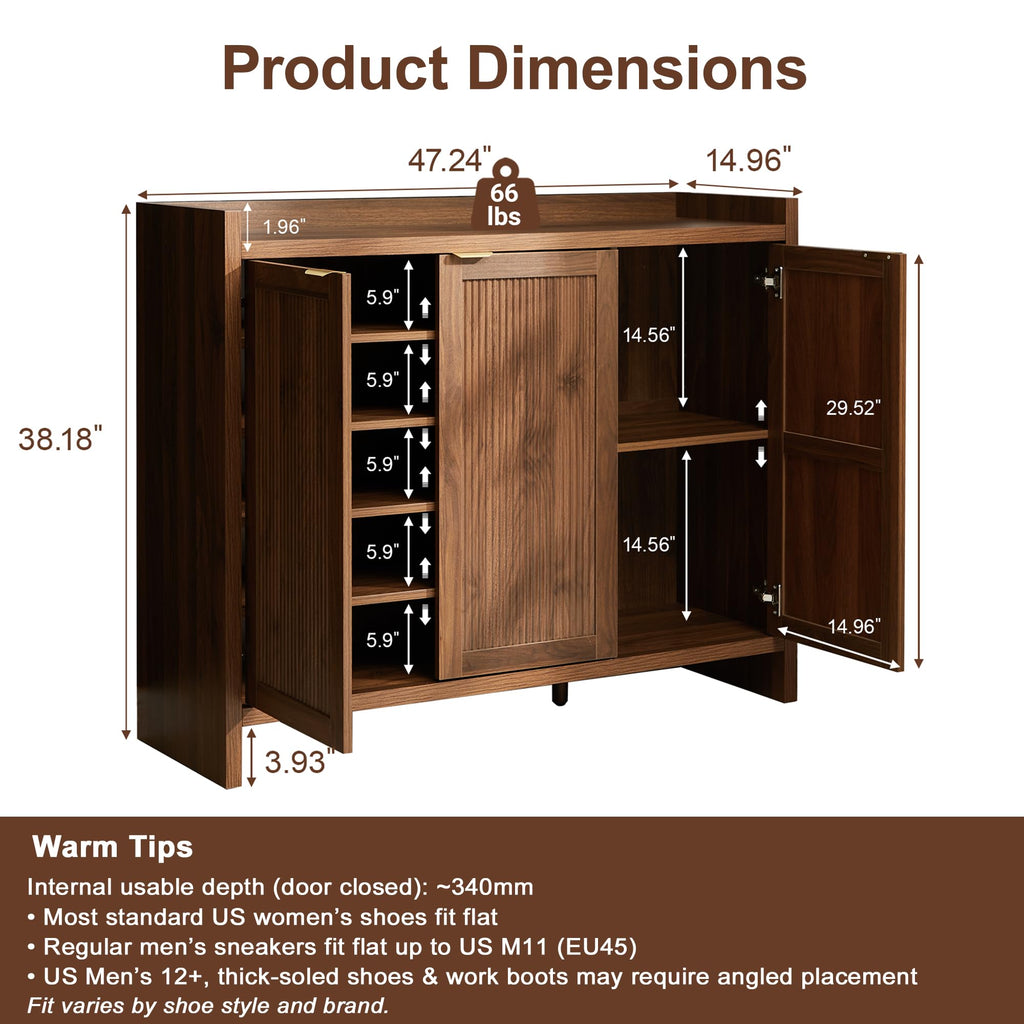 Fluted Walnut Shoe Cabinet with 3 Doors, 5-Tier Storage