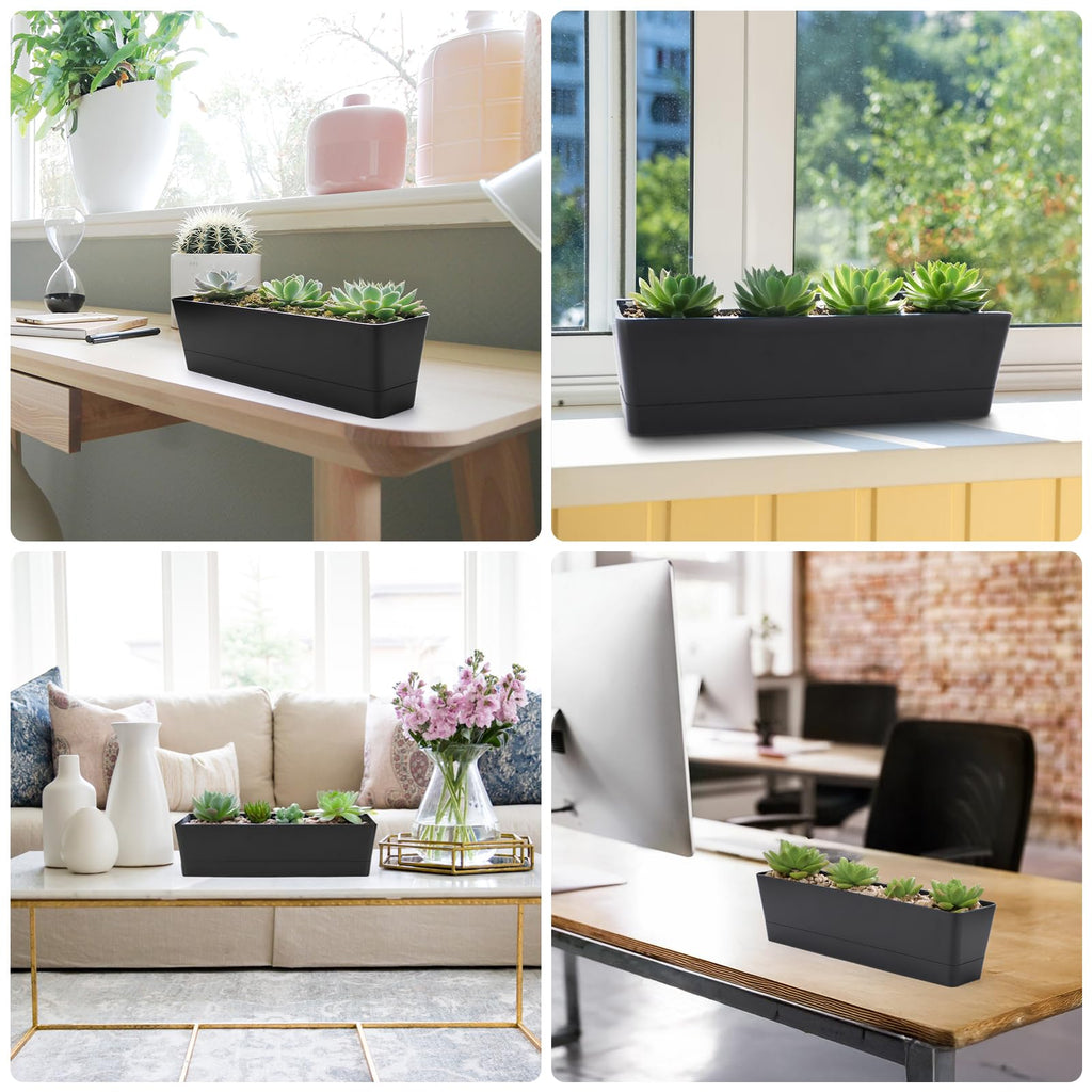 3PCS 16x3.8 Inch Window Boxes Planters, Black Rectangle Planters Box with Drainage Holes and Trays, Herb Succulents