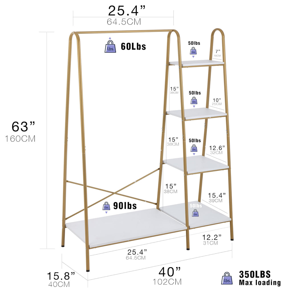 Clothes Rack, Clothing Rack for Hanging Clothes Heavy Duty Garment Rack with 5 Wood Shelves Freestanding Portable