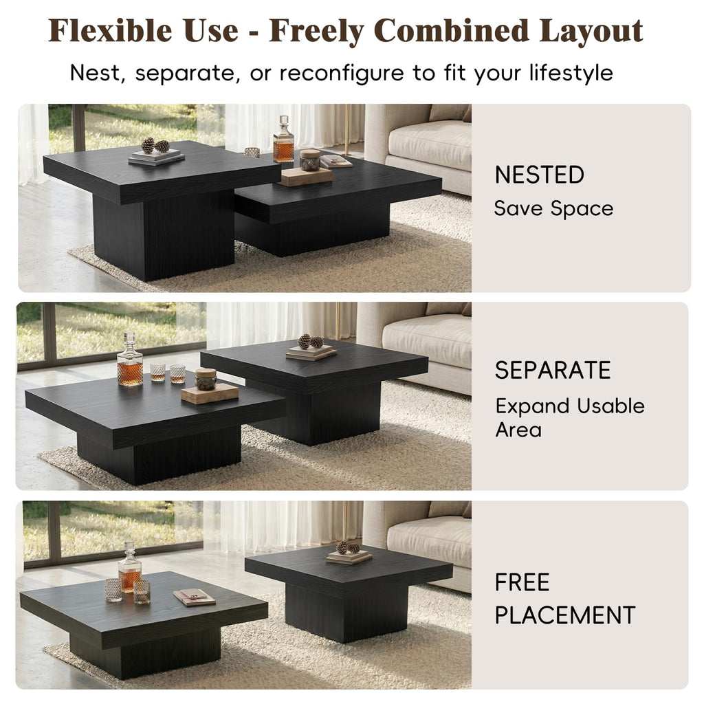 Nesting Coffee Table Set of 2, Square Centre Table, Modern Accent Table with 1.6" Thick Tabletop, Wood Coffee Tables