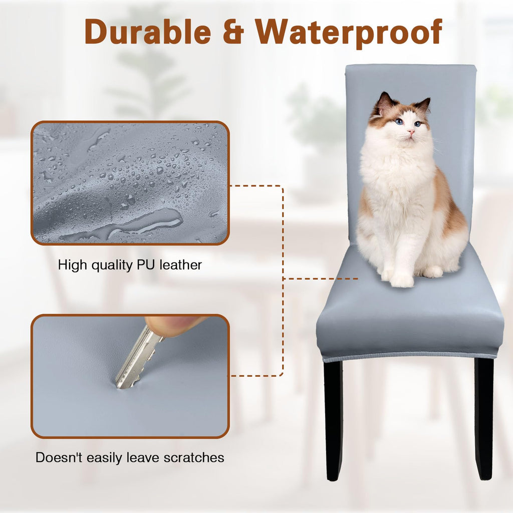 Gray Leather Chair Covers for Dining Chairs Set of 6, Faux Leather Dining Chair Covers Removable Wipeable Parson