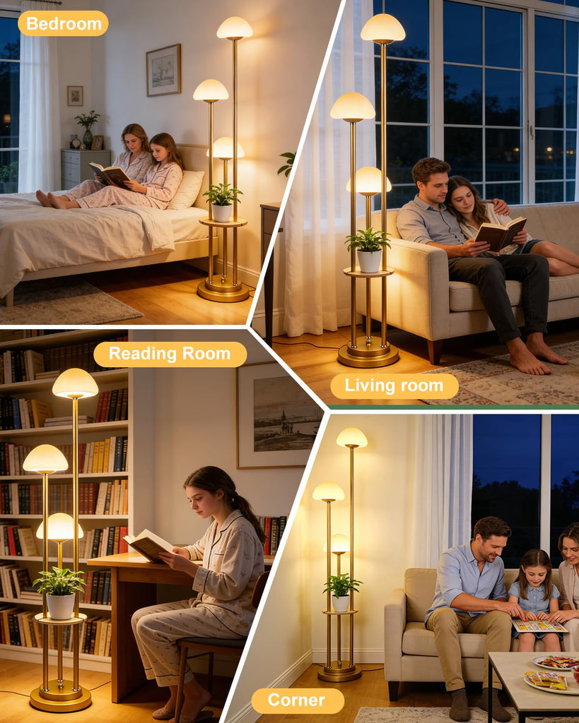 Gold Dimmable Floor Lamp with Table, Modern Floor Lamps with Mushroom Shades & Bulbs, 3000K Warm Lights Tall Standing