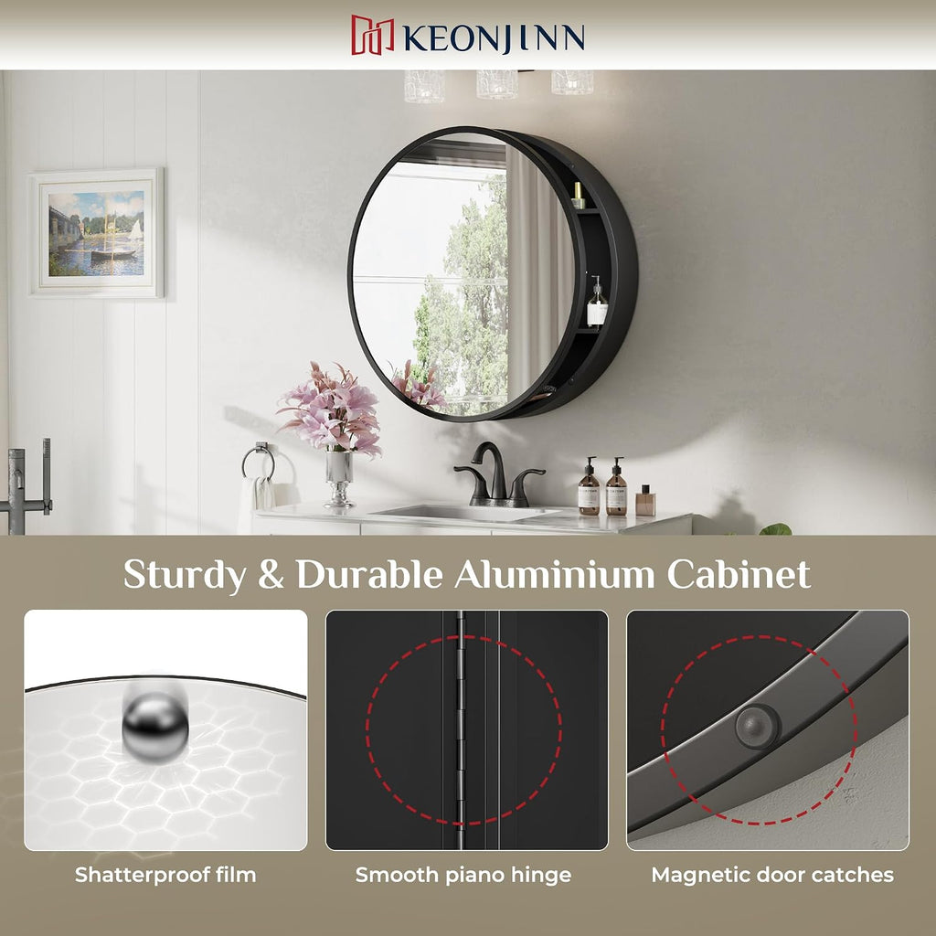 24 x 24 Inch Round Medicine Cabinet , Shatter-Proof | Surface Mount, Black Medicine Cabinet with Mirror, Metal Frame