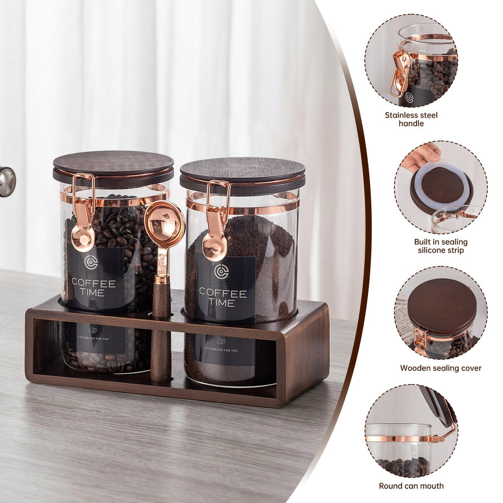 Glass Coffee & Sugar Canister Set, 2×45OZ Airtight Glass Storage Jars with Wooden Shelf and Scoop, Airtight Food