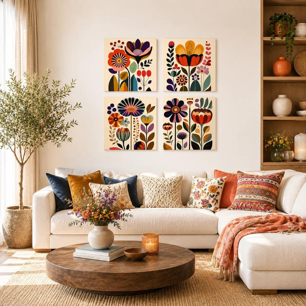 Mid Century Modern Floral Wall Art Set of 4, 12 x 12 Inch