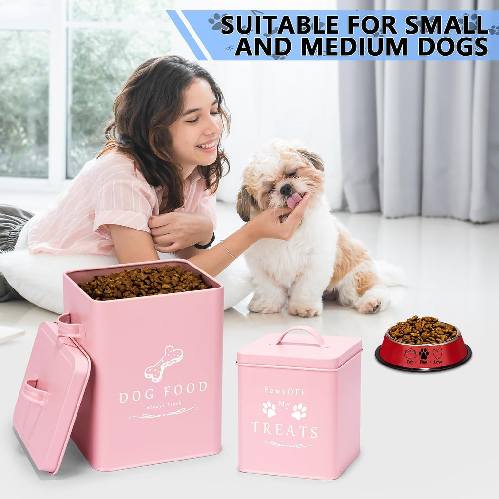 Small Dog Food Container and Dog Treats Container - Tight Lids - Feed Scoop and Pet Food Bowl - Farmhouse Metal