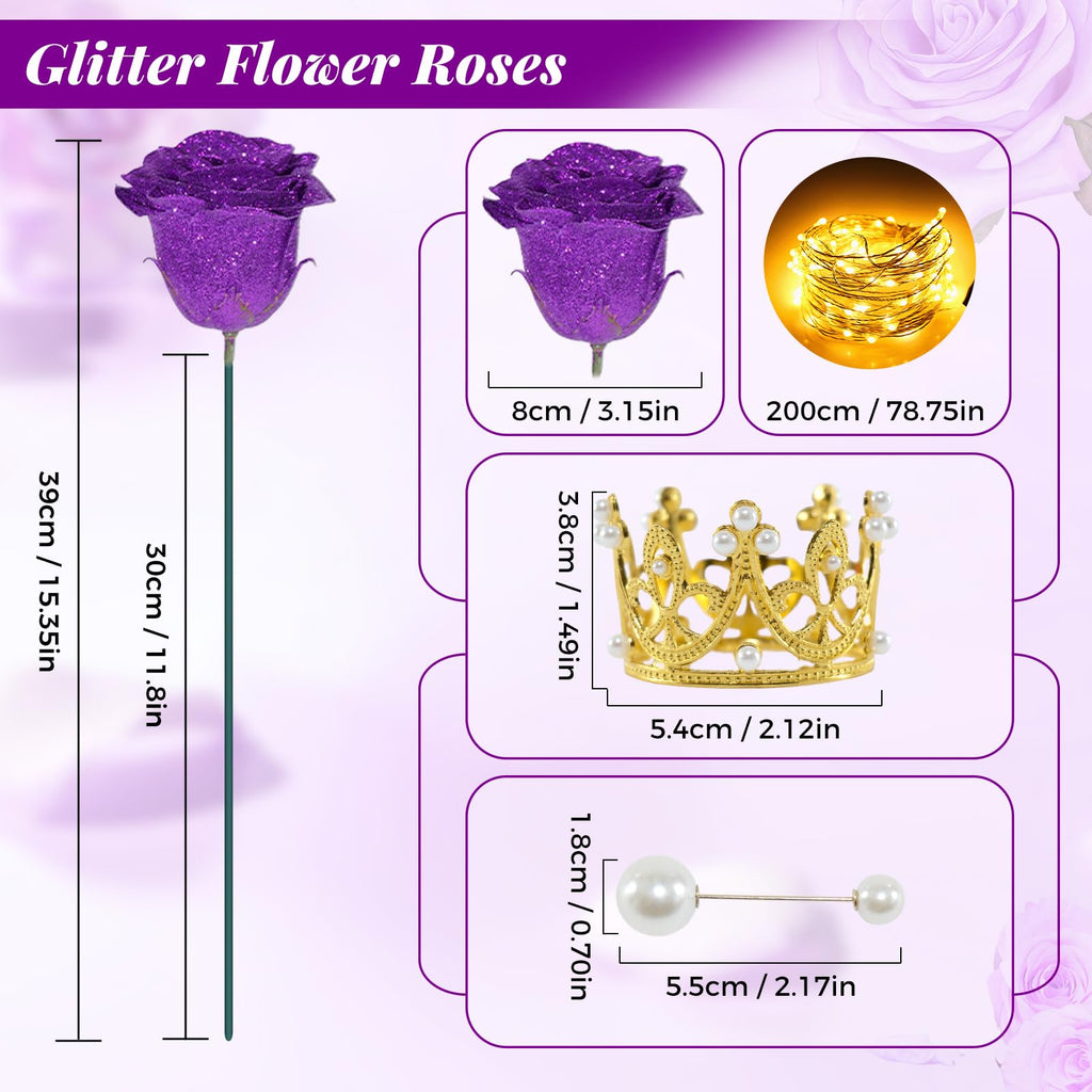 Purple Glitter Roses Bouquet Shiny Fake Glitter Flower Artificial Rose 24pc