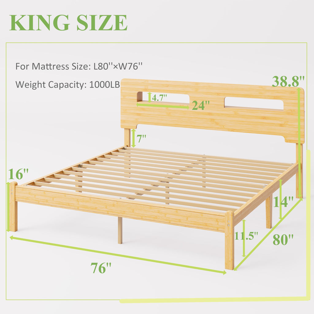 Solid Bamboo Wood King Size Bed Frame with Storage Headboard, 14 inch Platform King Bed Frame No Box Spring Needed