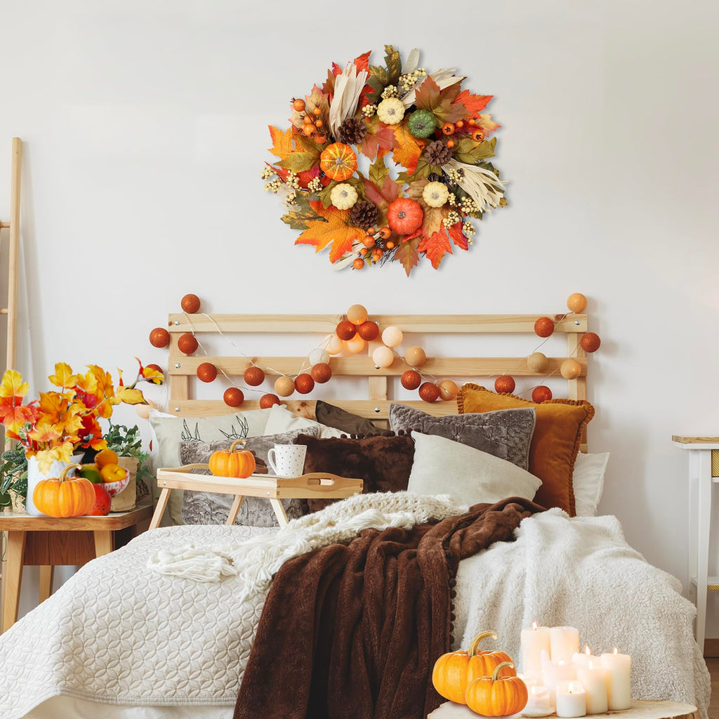 24 Inch Fall Wreaths for Front Door, Autumn Pumpkin Maple Wreath with Hanger