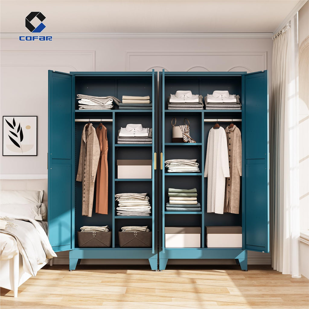71'' Tall Wardrobe Closet with Doors, Metal Bedroom Armoire with Adjustable Hanging Rod and Shelves, Farmhouse Broom