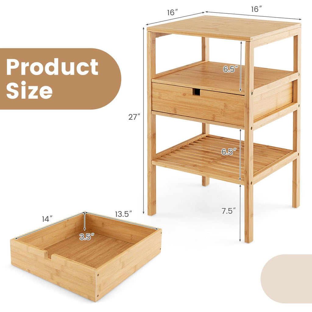 3-Tier Bamboo Nightstands Set of 2 with Drawer, Open Shelf, Natural