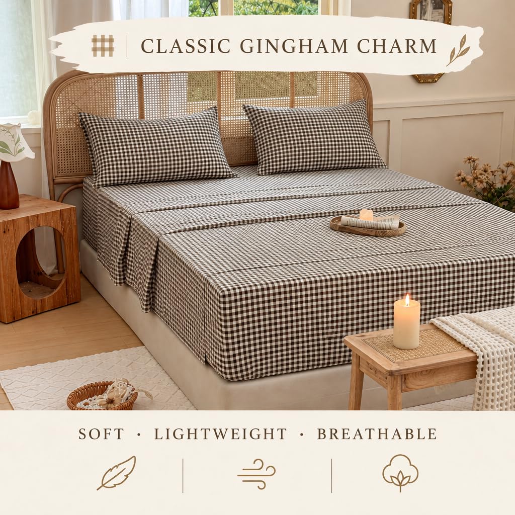 18-24 Inches Extra Deep Pocket Queen Sheets, Mocha Gingham