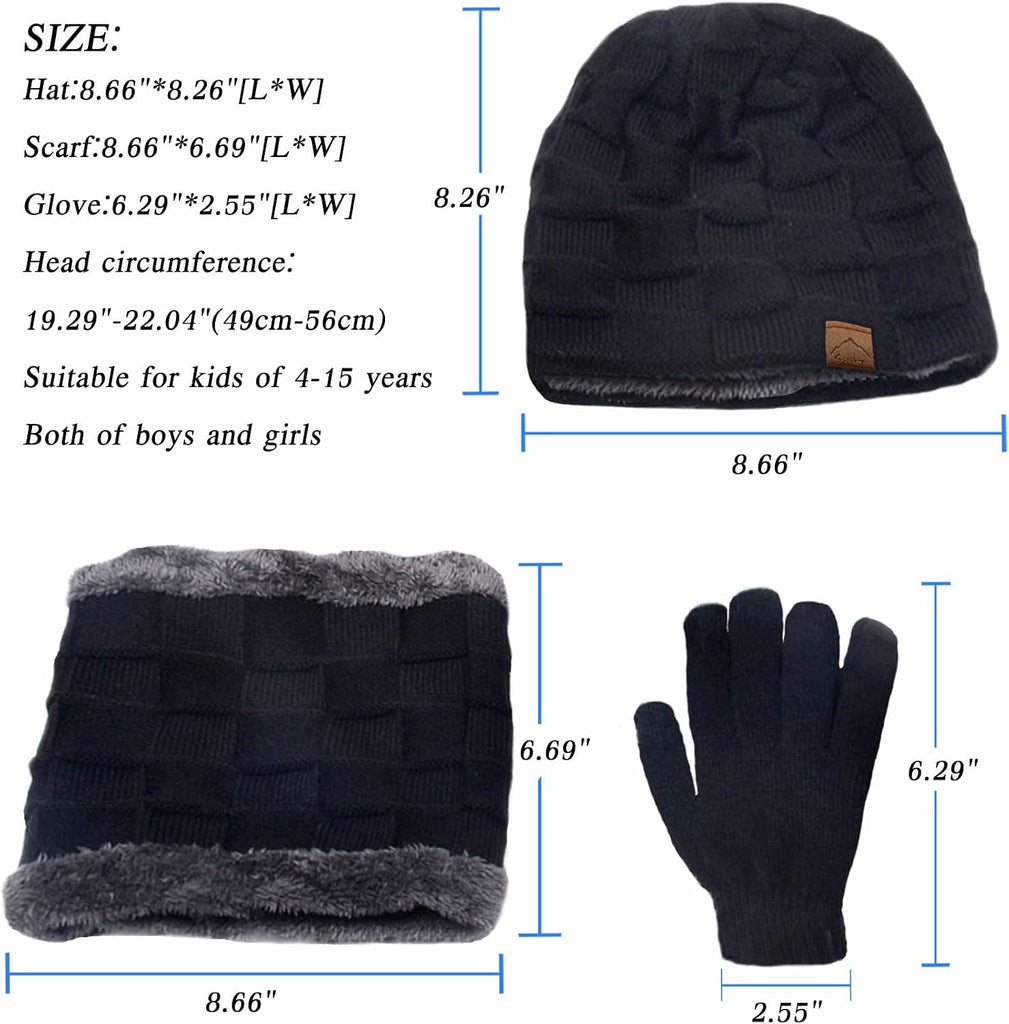 Kids Winter Beanie Hat Scarf Touchscreen Gloves Set for Boys Girls Warm Skull Cap Fleece Lined Knitted Hat
