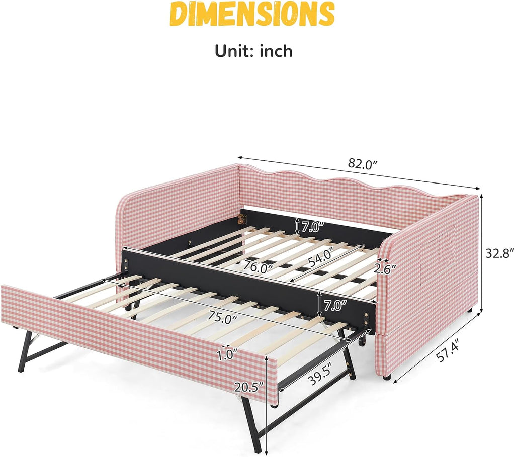 Full Size Gingham Day Bed with Trundle and Storage Pockets | Upholstered Daybed Living Room Guest Room-Pink