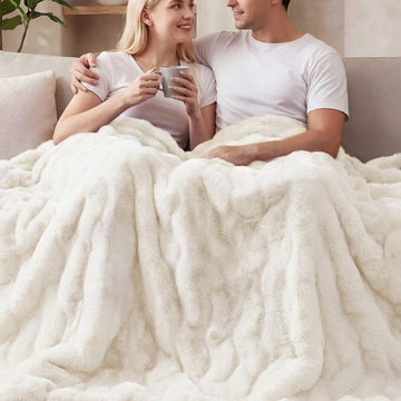 Light Beige Twin Fuzzy Faux Fur Throw Blanket for Couch Bedroom Living Room Furry Soft Fluffy Bed 60x80 Thick Warm