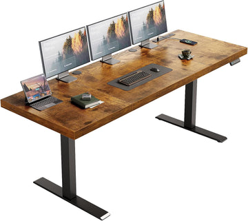 71" Executive Electric Standing Desk Height Adjustable, Rustic Brown | 1.38" Thick 3-Panel Desktop, Power Outlets, 3