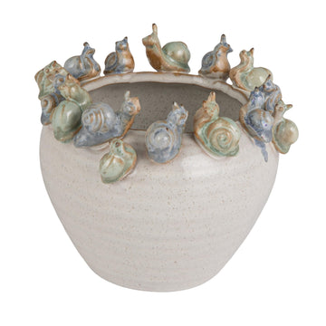 Stoneware Planter with 3D Snails on Rim in Reactive Speckled Glaze, Blue, Green, and Cream Finish