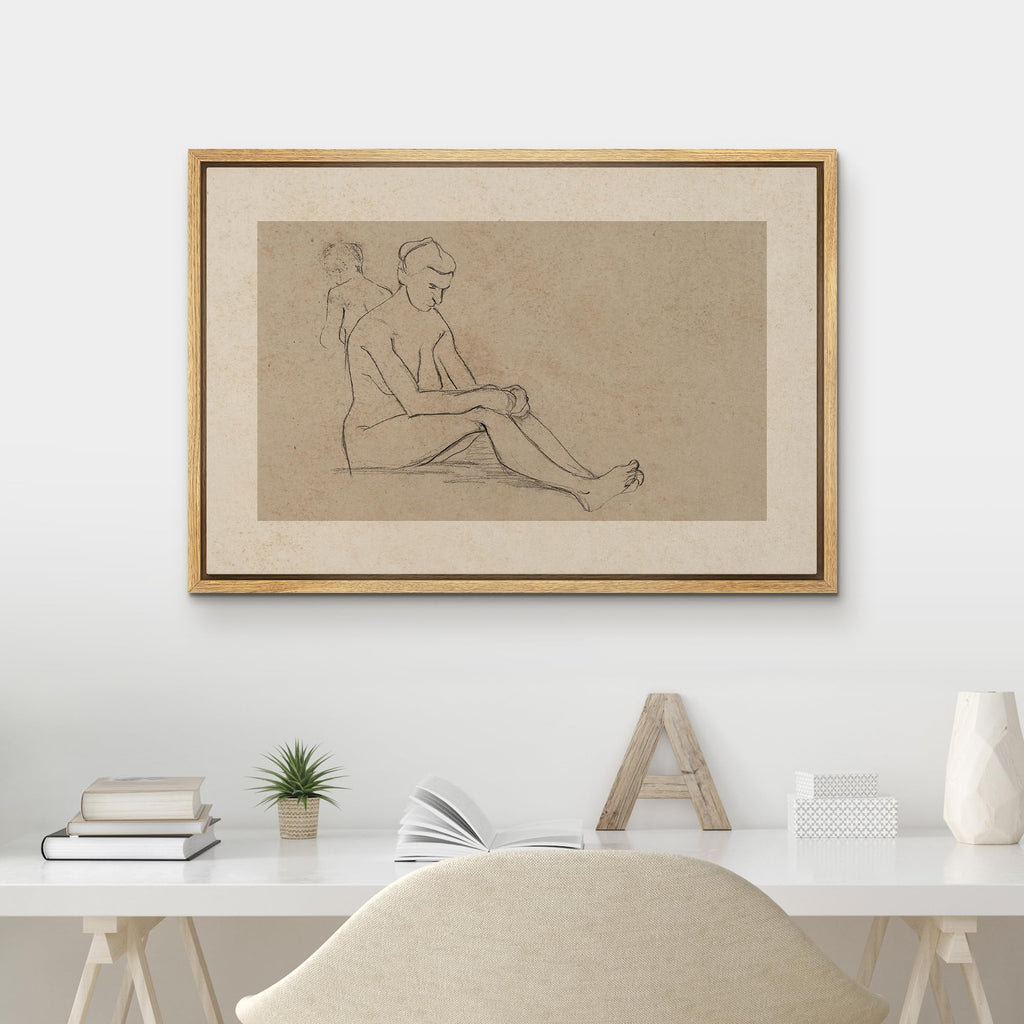 Framed Canvas Print Wall Art Seated Nude Figure Sketch Minimalist Vintage Charcoal Illustrations Fine Art Decorative