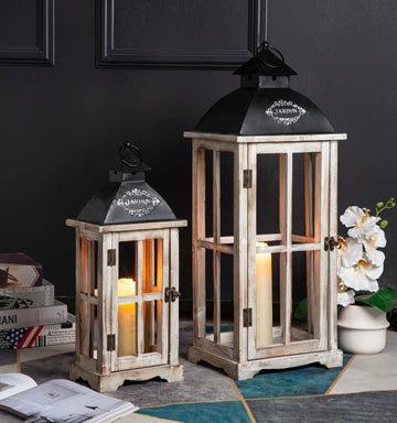 Set of 2 Large Decorative Wooden Metal Lanterns, Farmhouse Rustic Floor Candle Lanterns, Indoor/Outdoor Hanging