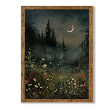 Vintage Gothic Moonlit Forest Nature Flowers Wall Art, 16x24 Inch