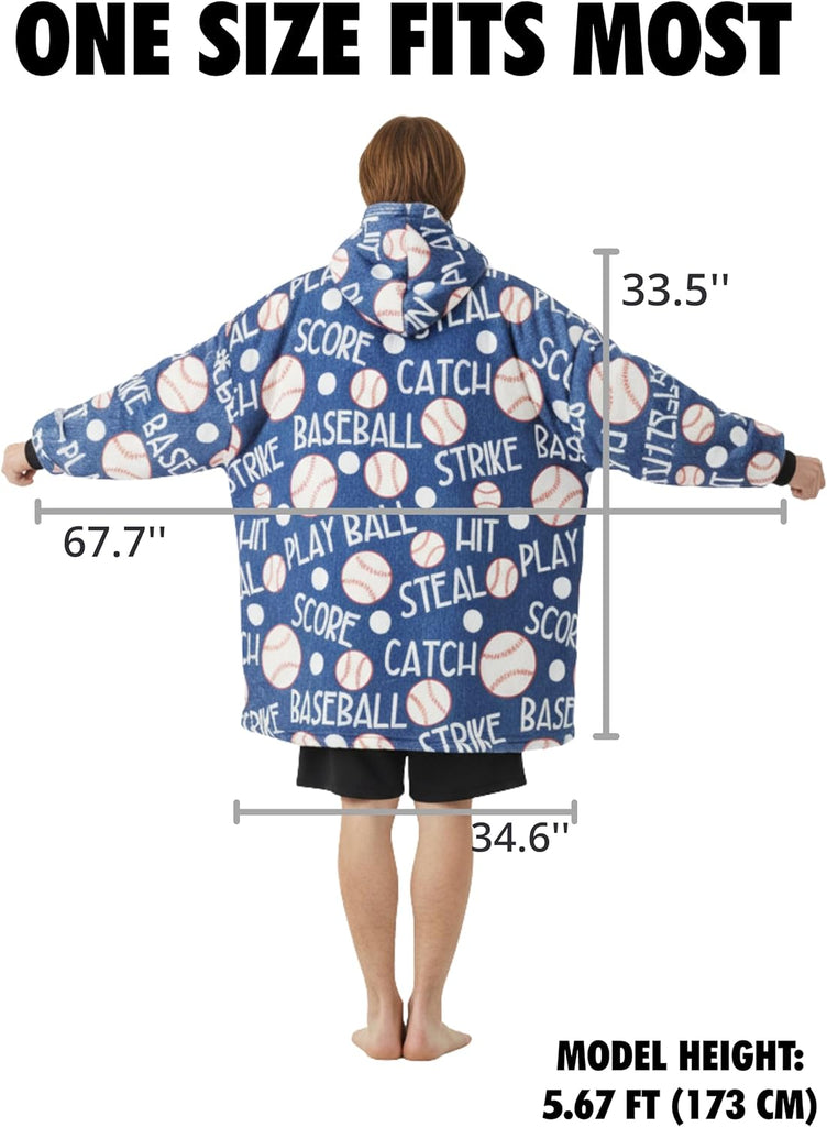 Baseball Gifts, Wearable Blanket Hoodie, Oversized Hooded Blankets | Sweatshirt, Cozy, Warm, Soft Plush Feel