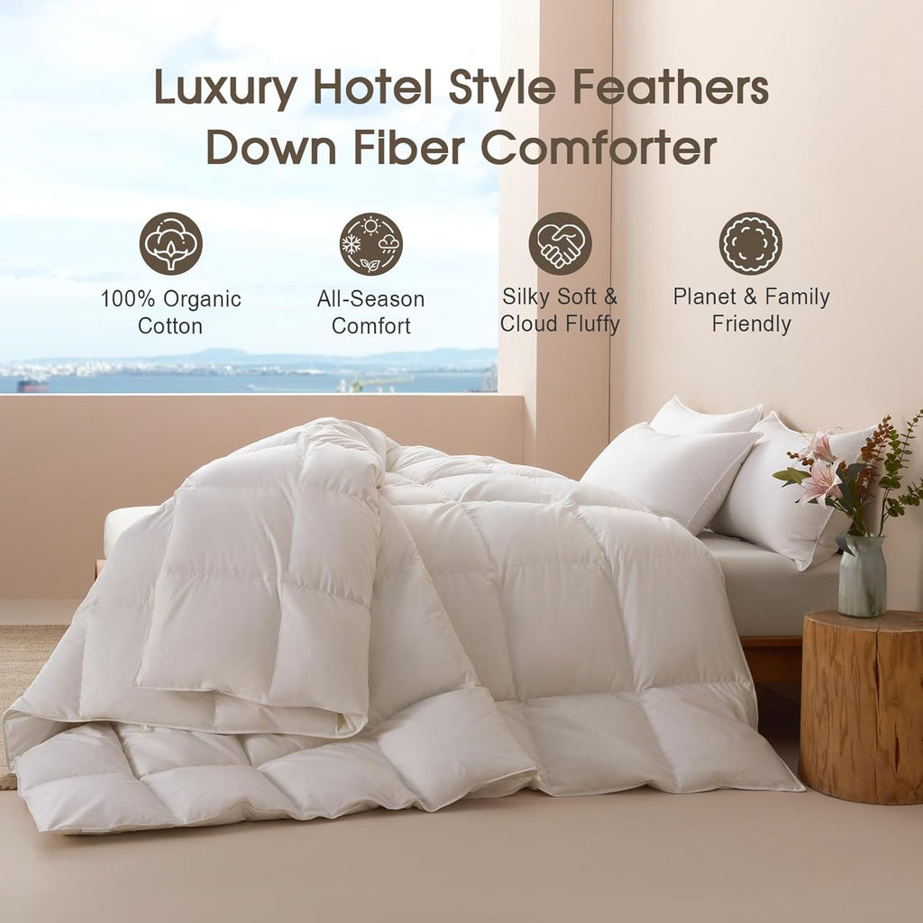 Feather and Down Fibres Comforter Queen - 100% Organic Cotton, Quill-Free & Ethical