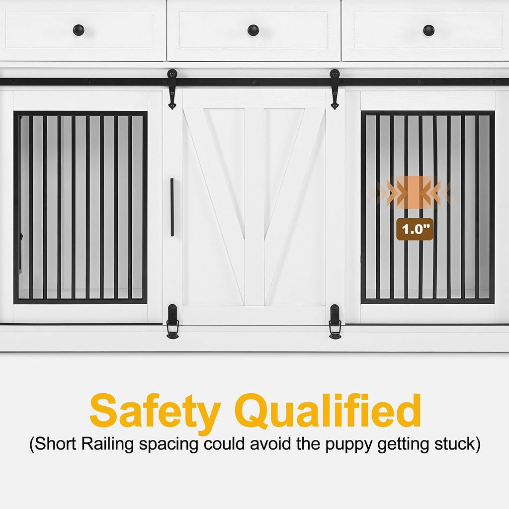 Dog Crate Furniture, Wooden Large Dog Kennel with Barn Door and 3 Drawers, 55.1 inches Length Pet Crate Indoor