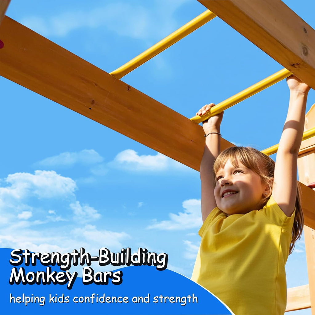 Wooden Swing Sets for Backyard | Outdoor Playground Set with Monkey Bars, Wave Slide, 2 Belt Swings, Climbing Ladder