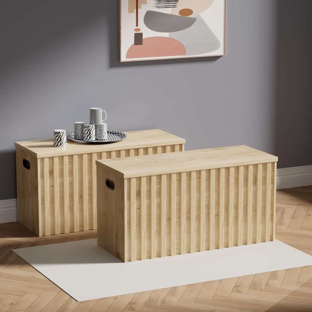 Storage Bench Set of 2, 39.4" Wood Storage Trunk with 2 Safety Hinges, Sturdy Storage Chest, Fluted Storage Bench