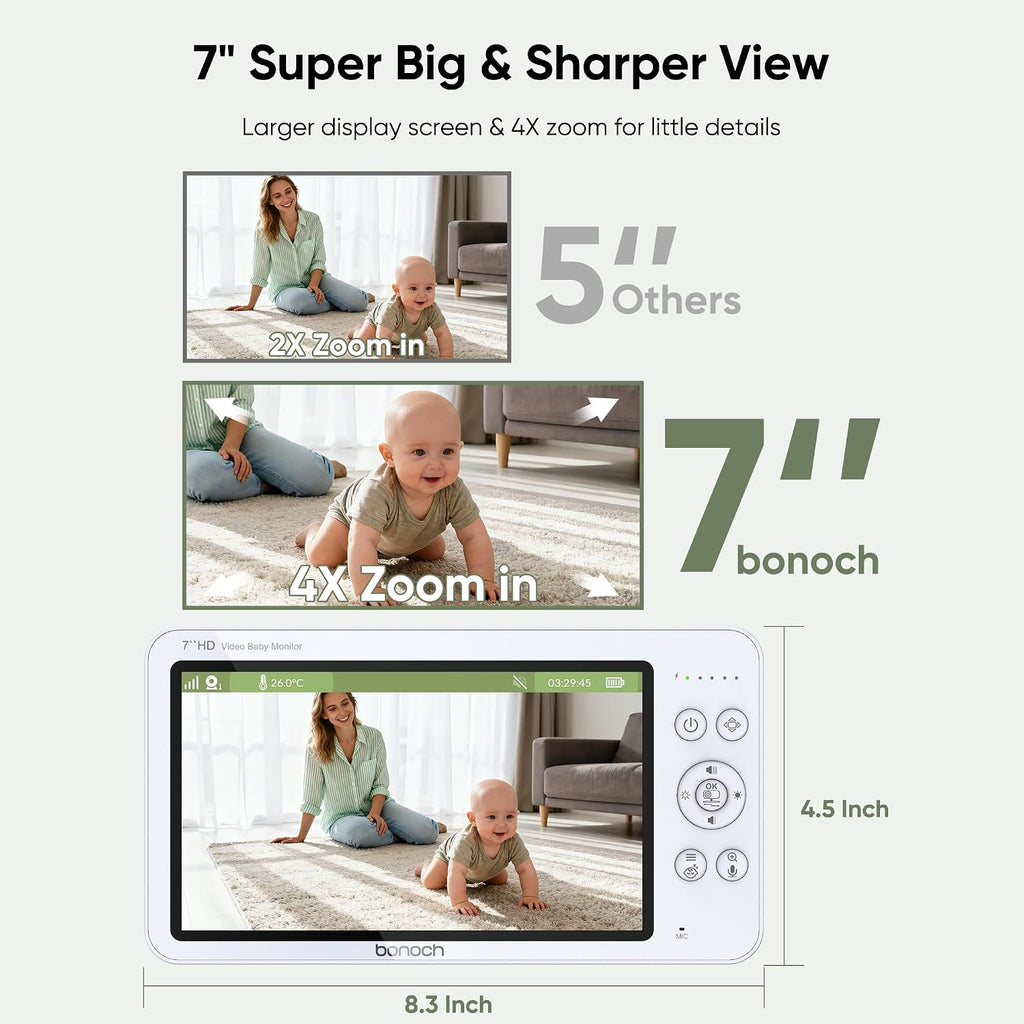 V2.0 1080P Baby Monitor with 2 Cameras, 7" Split Screen No WiFi