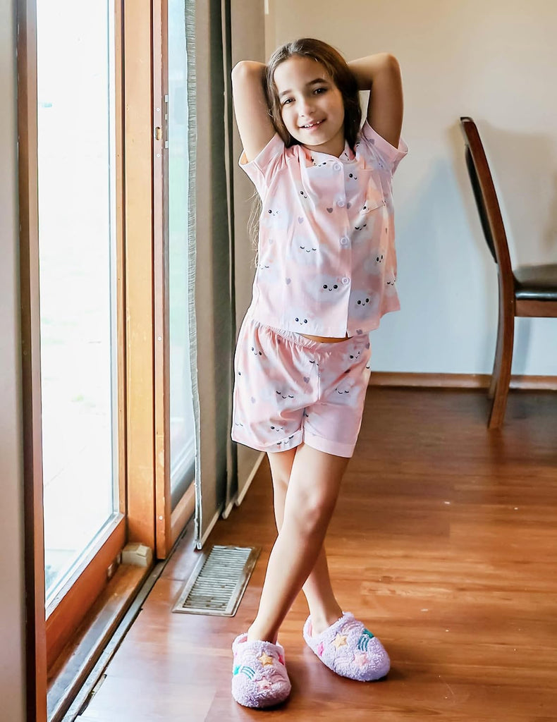 Girls Pajamas Sets Short Sleeve Kids Pjs Button Down Sleepwear