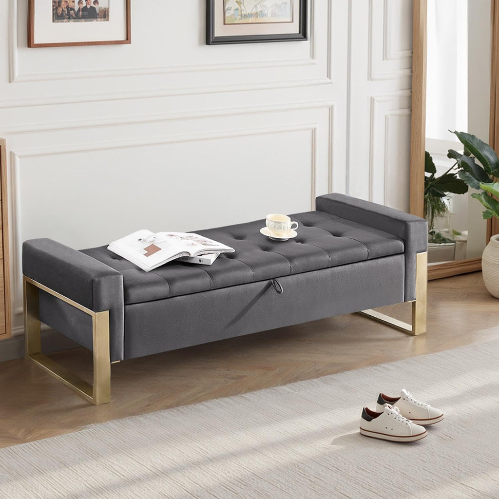 End of Bed Storage Bench, 67'' Benches Foot of Bed King Size, Upholstered Velvet Tufted Storage Ottoman Bench with