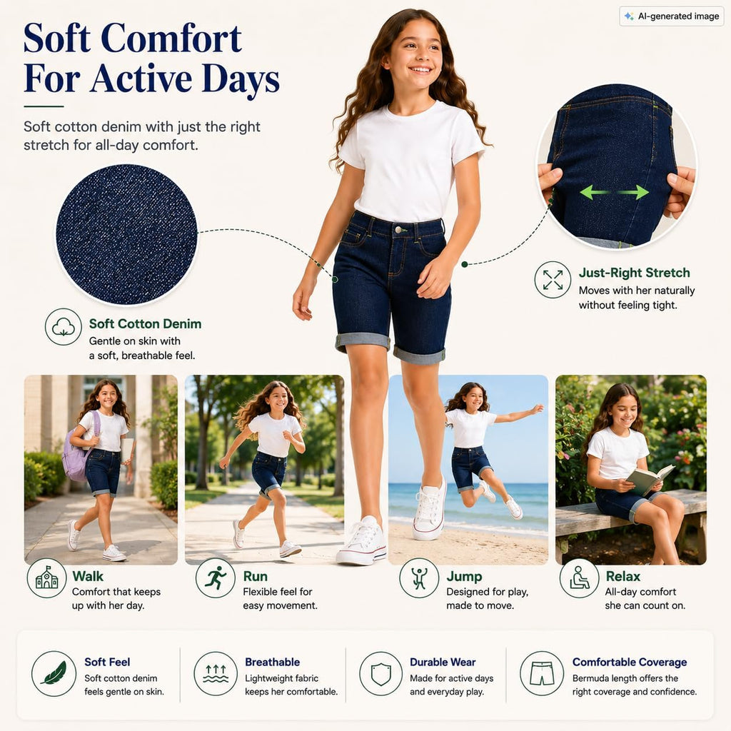 Girls Adjustable Denim Shorts: Stretch Jeans Bermuda